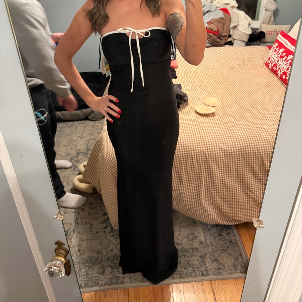 Black Strapless Dress with White Tie